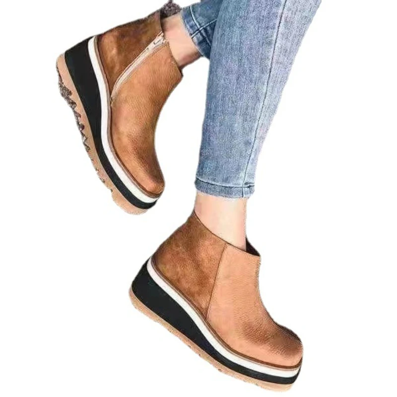 Leather Boots Women Platform Heels Ankle Boots Wedges Casual Fashion 2021 Booties Woman Punk Thick Bottom Shoes Zapatos De Mujer