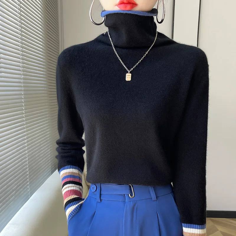 100% Merino Cashmere Sweater Womens Collar Pullover 22Autumn and Winter Knitted Bottoming Shirt Fashion Colorblocking Tops 240730