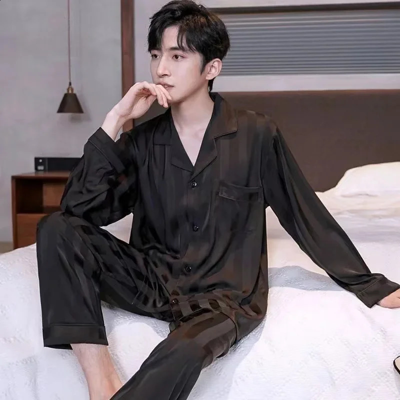 Spring/summer Thin Silk Ice Silk Jacquard Pajama Set For Men Long Sleeve Cardigan Trousers Homewear 240819