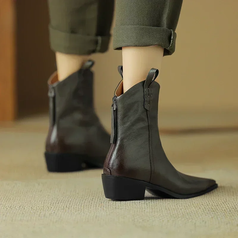 2024 Autumn/winter Genuine Leather Western Women Shoes Pointed Toe Chunky Heel Retro Ankle Boots 188e