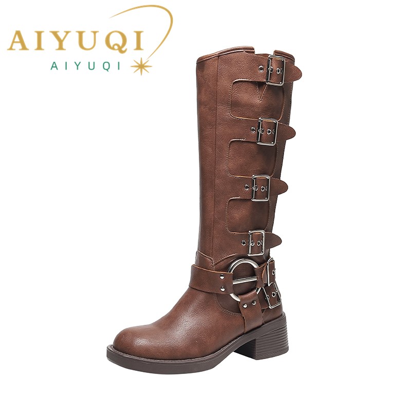AIYUQI Women Cowboy Boots 2024 Autumn New Belt Buckle Women Marton Boots British Style Large Size Women Long Boots