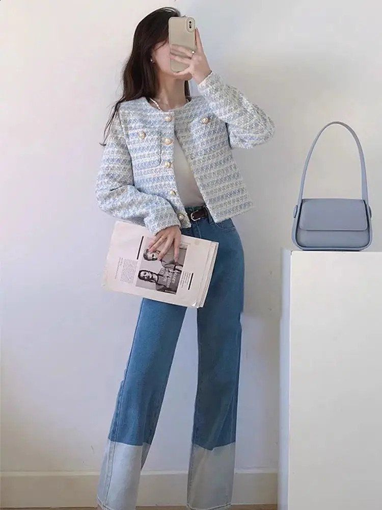 Korean Fashion Women Long Sleeve Tweed Jacket Coat Autumn Winter O-neck Short Coat Casual Outerwear Womens Crop Top 240730