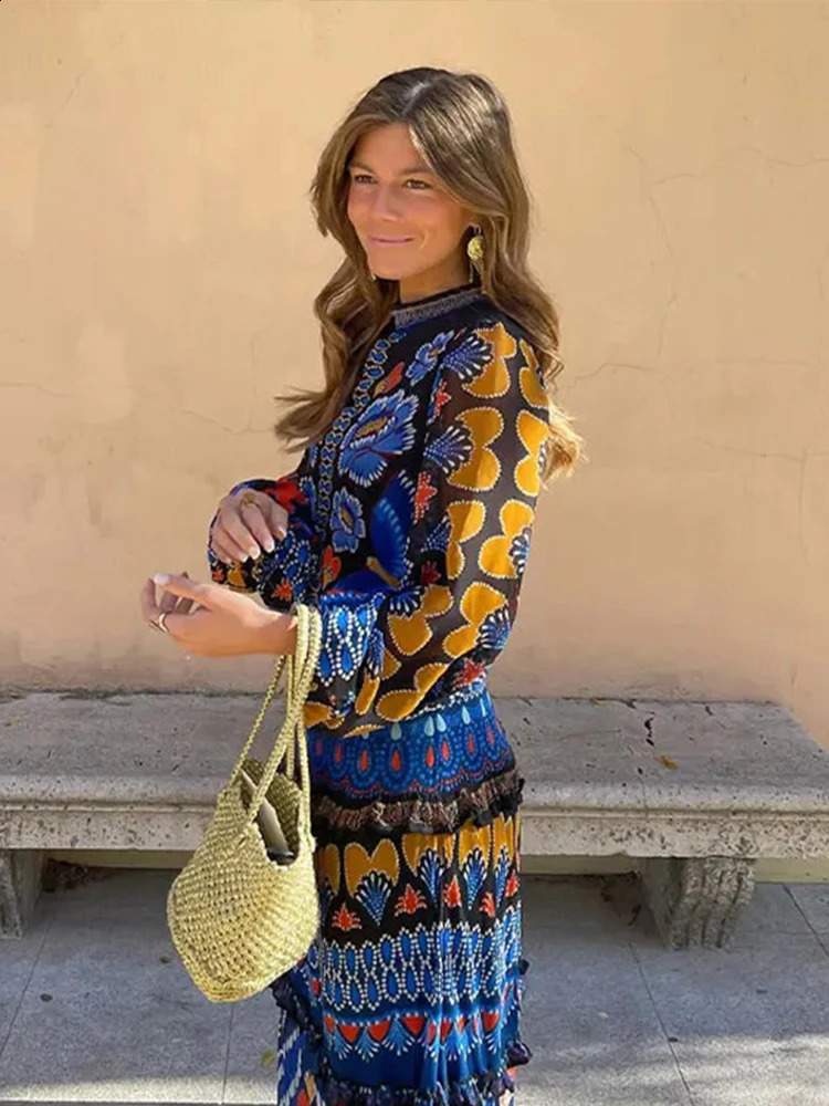 Vintage Print Dress Women Elegant Fashion Long Sleeves Soft Chic Robe Female 2024 Spring Summer Casual Loose Party Dresses Lady240730
