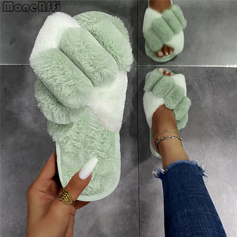 Cross Slippers Winter Fashion Fluffy Fur Slipper Home Slides Platform Flat Indoor or Flip ps Women Ladies Shoes 2022