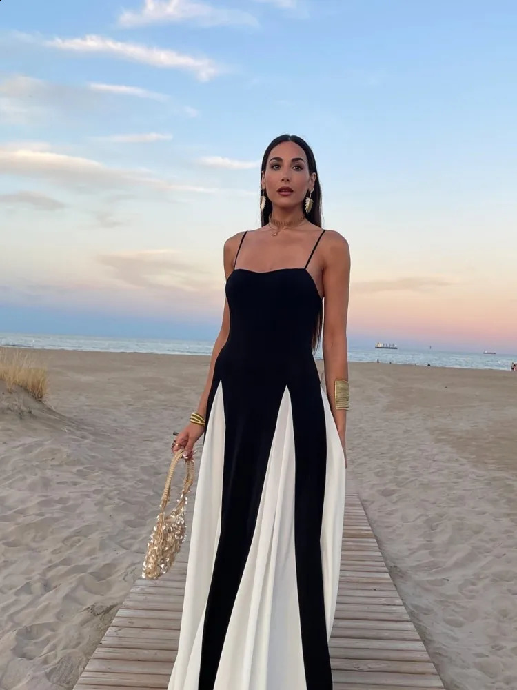 Elegant Black White Contrasting Women Sling Dress Fashion Backless Sleeveless High Waist Maxi Dresses Female Party Aline Robes 240826