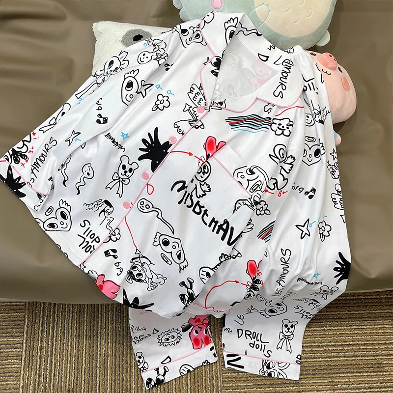 Korean Fashion Cartoon Print Womens Pajama Sets Classic Solid Casual Female Sleepwear Spring Autumn Y2k Home Lounge 240730