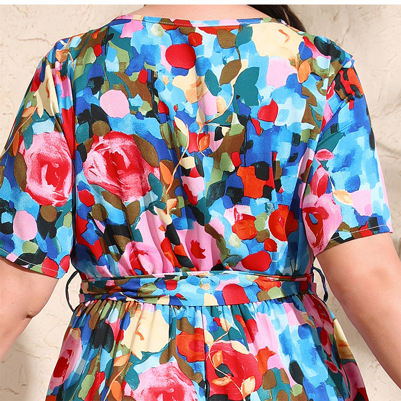 Basic & Casual Dresses Colorful Rose Holiday Dress Large V-neck Short sleeved Chiffon Dress