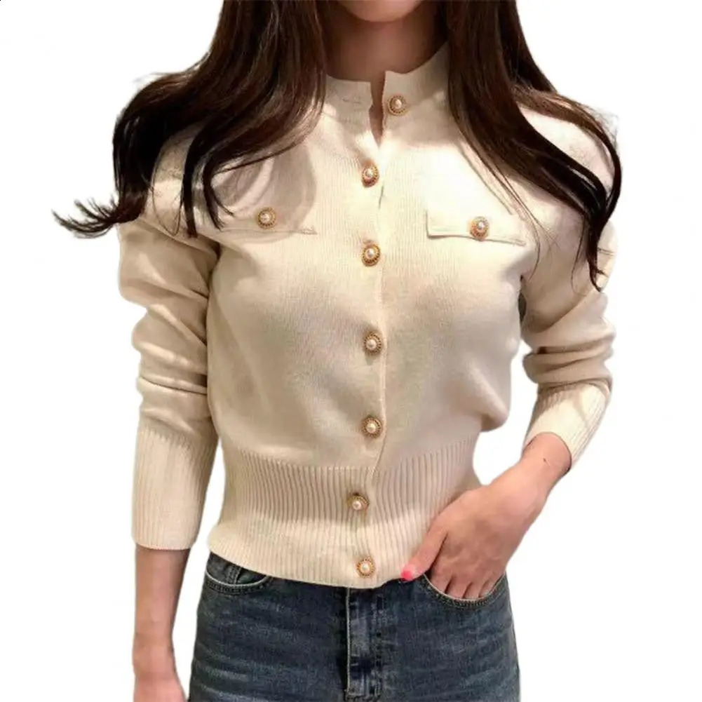 Stand up collar cardigan sweater with decorative pockets womens artificial pearl button solid color knitted jacket 240812