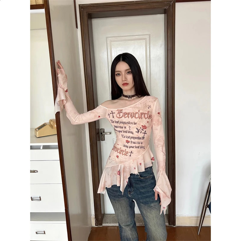 Yedinas Streetwear Flare Sleeve Mesh Tops Long Korean Fashion Off Shoulder Print T Shirt Women Clothes Ladise Y2k 240729