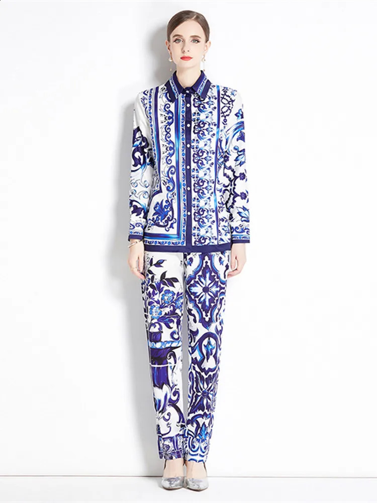 Autumn Blue And White Porcelain Flower Print Two Piece Set Womens Long Sleeve Shirt TopPocket Pencil Satin Pant Suit Outfits240730