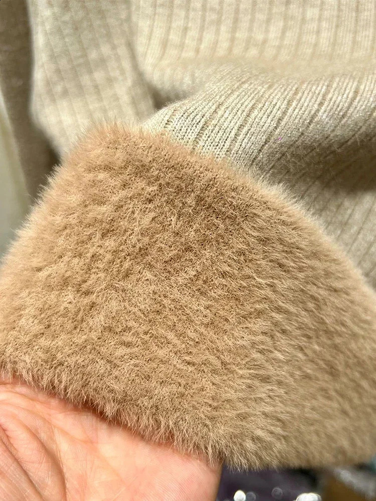 Winter Warm Sweater Pullover Women Slim Thicken Plush Velvet Lined Knitwear Jumper Korean Half Turtleneck Poleras Soft Knit Tops 240730