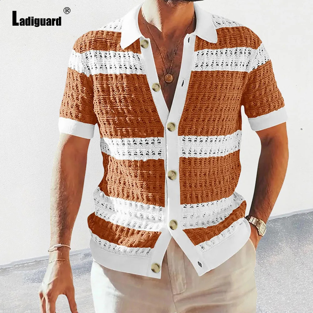 Ladiguard Plus size mens short sleeved knitted sweater summer cardigan American European fashion striped top beachwear 240812