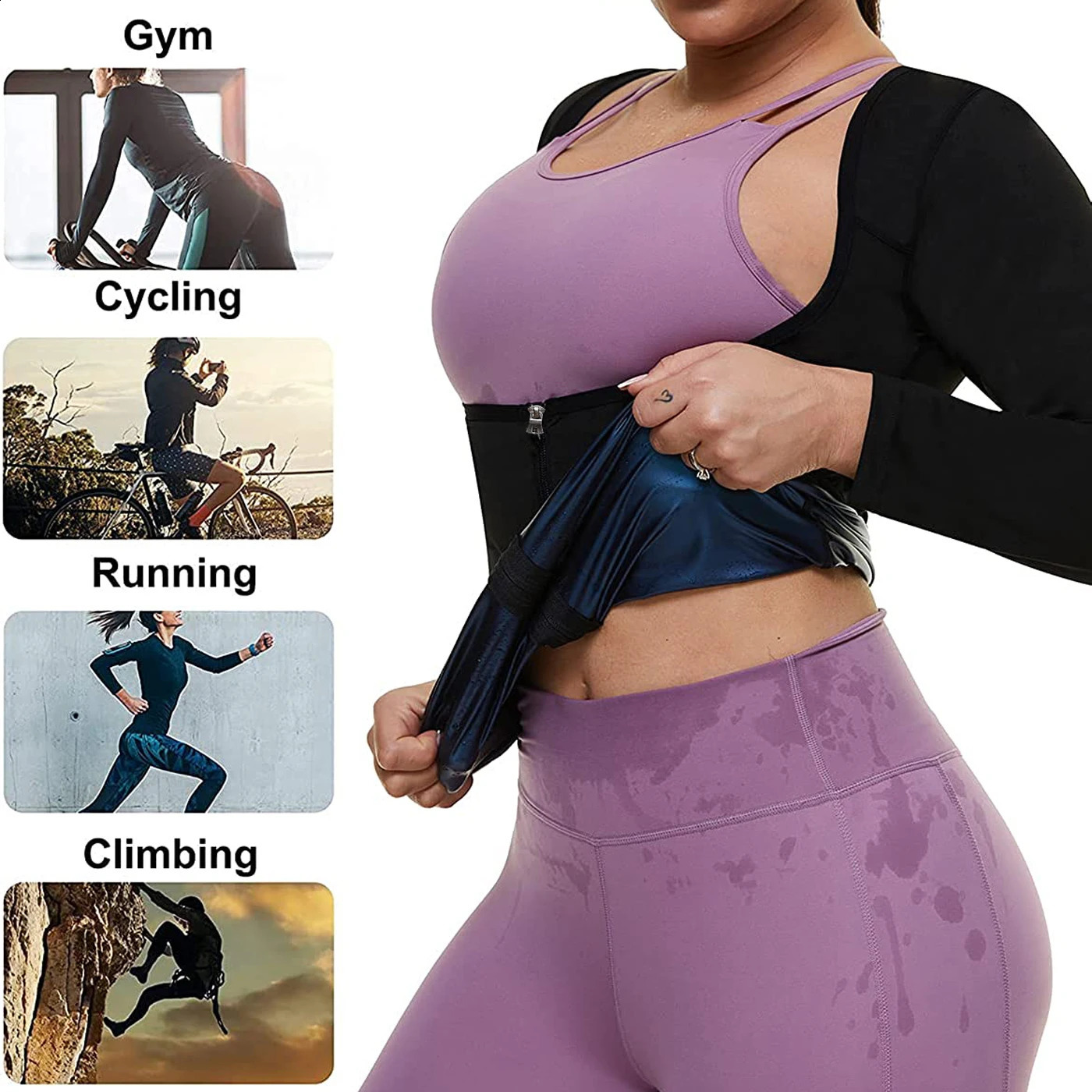 Vigorix Sauna Suit for Women Sweat Body Shaper Waist Trainer Long Sleeve Zipper Shirt Workout Top 240730