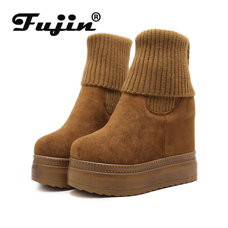 Mid-Calf Knitting Wool Hidden hot Heel Platform Winter Boots for Women