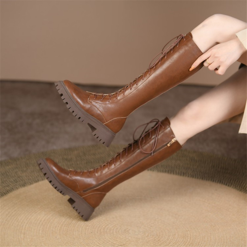 Knee-High New Winter Split Leather Chunky High Solid Platform Shoes for Women Knight Boots 98cb