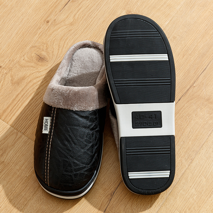 Men's Slippers Winter Big Size Indoor Waterproof PU Leather Large Sizes Home Cotton Shoes Fur Flat Cotton Bedroom Houseshoes 05C