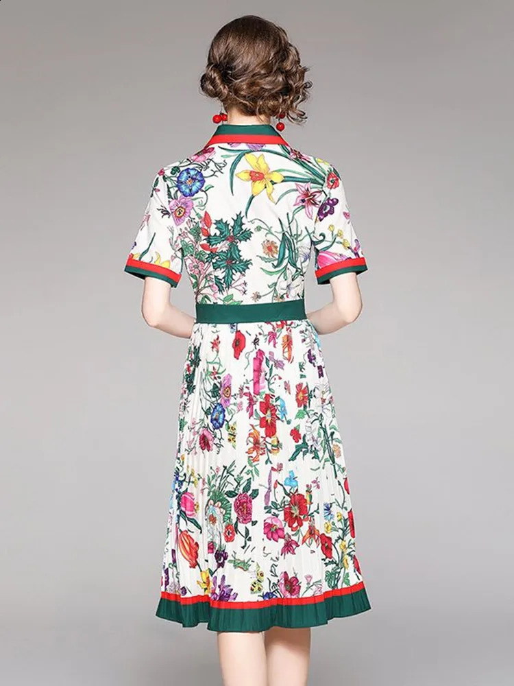Fashion Runway Summer Striped Flower Dress Womens Turn Down Collar Short Sleeve Floral Print Midi Tunic Party Pleated Vestidos240730
