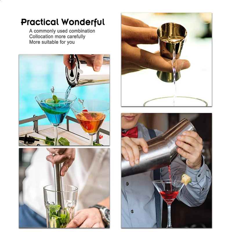 13PcsSet Stainless Steel Cocktail Shaker Ice Tong Mixer Drink Boston Bartender Browser Kit Bars Set Professional Bar Tools 240729