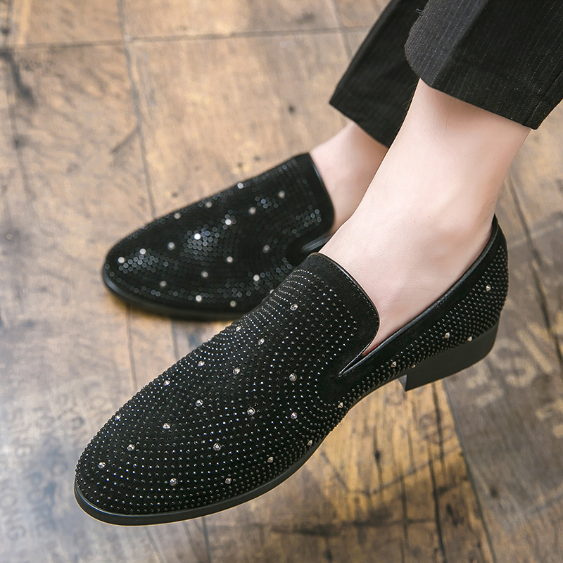 Brand Noble Black Rhinestone Men Dress Shoes Velvet Crystal Luxury Moccasins Men's Loafers Office Business Man Footwear Zapatos