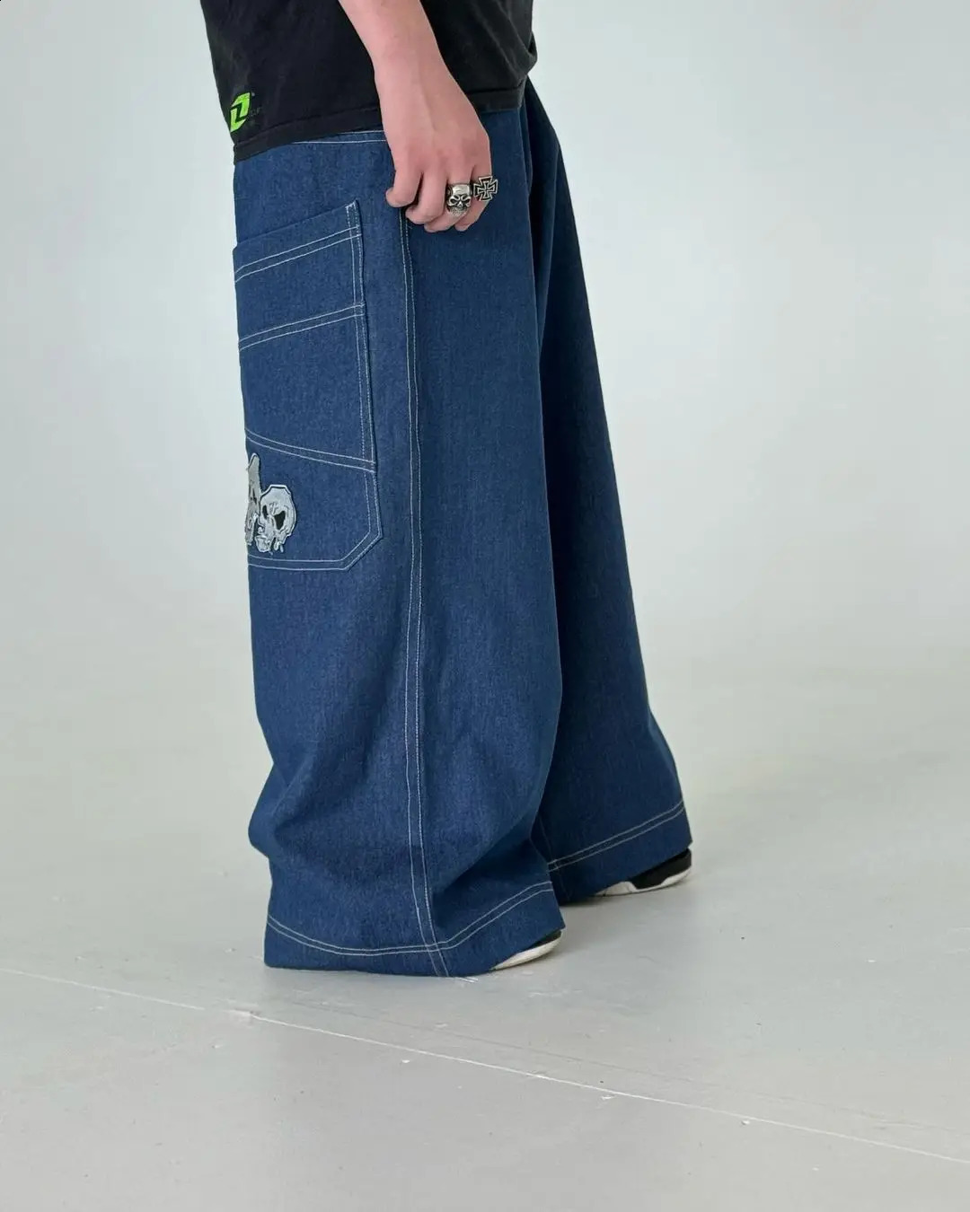 blue big pocket Skull printed loose Jeans Hip Hop streetwear fashion trend Straight pants casual Wide Leg pans Y2k 240806