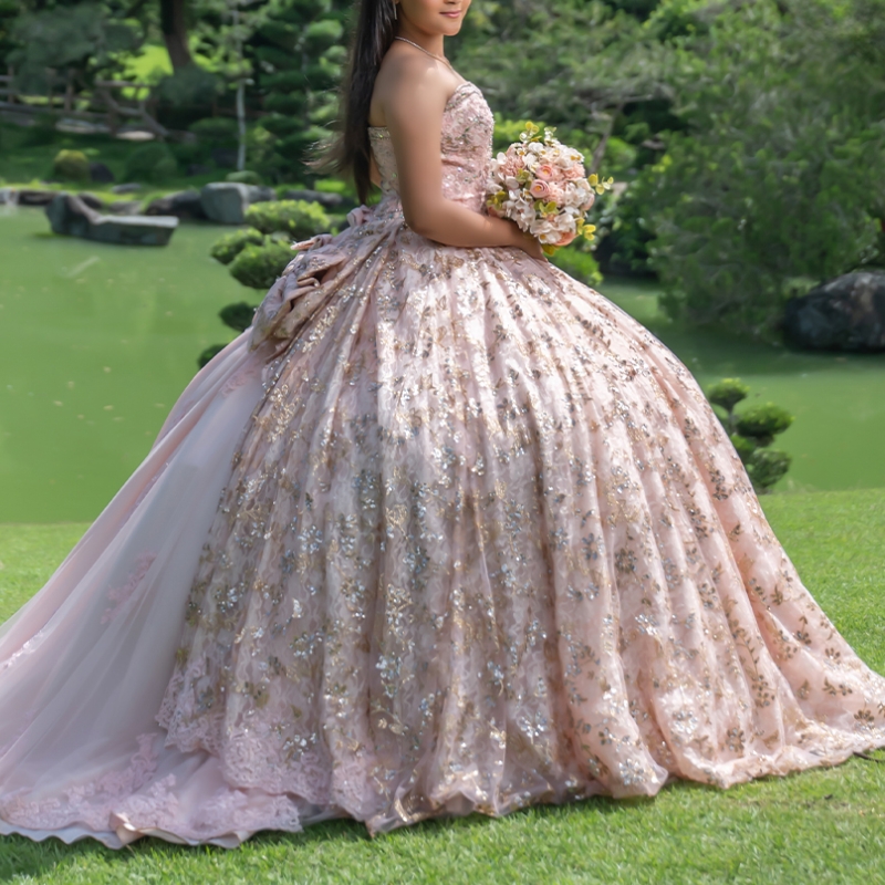 Sparkly Pink Ball Gown Quinceanera Dress With Bow 2024 Sweetheart Applique Bead Birthday Party Sweet Vestidos De 15 Anos