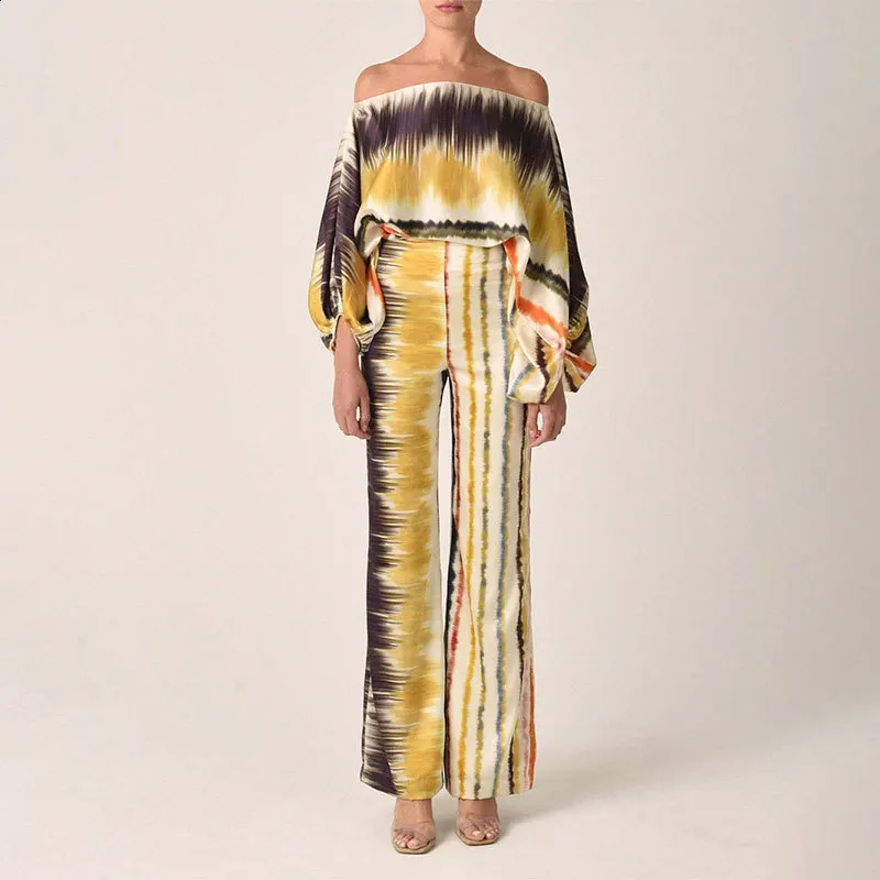 Striped Women Casual Satin Print Suit Hollow Off Shoulder Slash Neck Tops With Long Pants 2 Piece Sets Loose Commuting Outfits240730