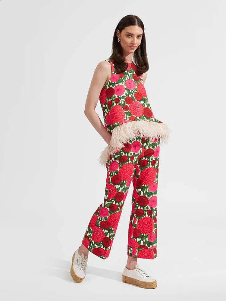 Fashion Flower Print Feather Patchwork 2 Piece Set Oneck Sleeveless Tops Pants Suits 2024 Causal High Street Outfits y240816