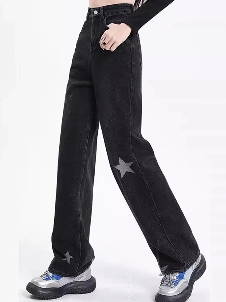 Fashion Style Vintage Star Decoration Jeans Girls High Street Y2k Denim Straight Leg Pants Lady Streetwear Punk Black Trousers 240806