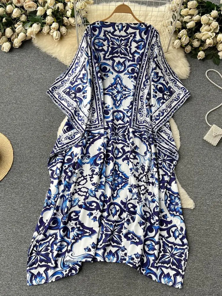 Summer Fashion Blue And White Porcelain Print Long Loose Robe Womens Batwing Sleeve Retro Slash Neck Side Split Maxi Dress240730