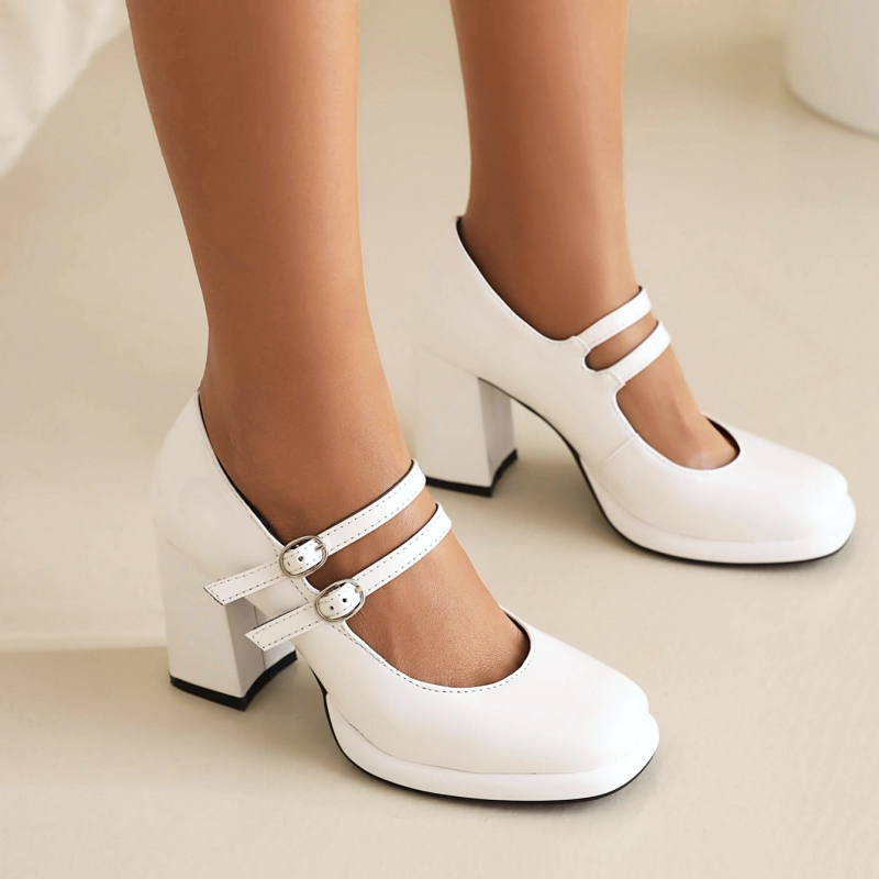 Women's Elegant High Heels Mary Janes Classic Dress Pumps Black White Block Heeled Wedding Office Shoes Female Large Size 20c2