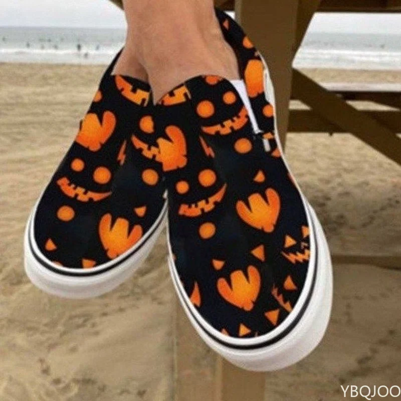 Halloween Pumpkin Size 43 Shoes 2022 Autumn Skeleton Printing Flats Women Shoes Slip-on Lazy Canvas Shoes Loafers Zapatos Mujer