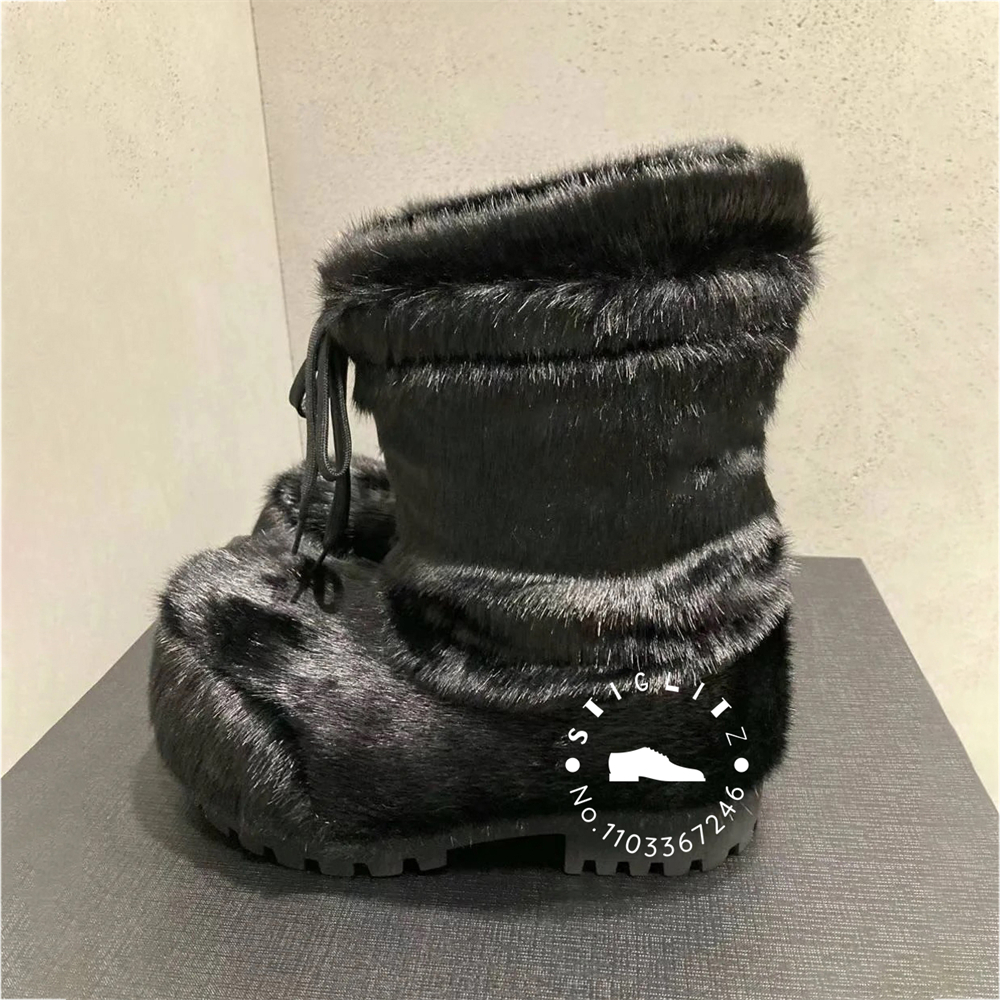 Big Round Toe Ski Boots Luxury Latest Design Mid-Calf Boots Fake Fur Warm Snow Boots Lace Up Fashion Style Boots for Women Men