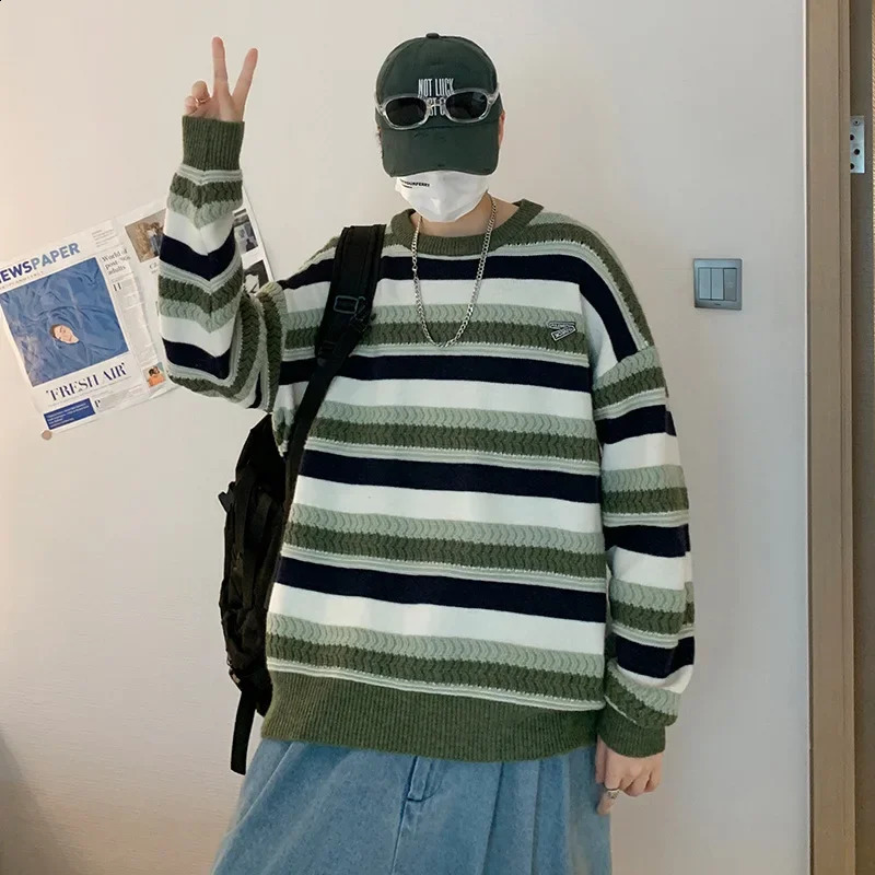 AutumnWinter Retro Round Neck Pullover Sweater for Men Casual Knitted Fashion Bf Style Teenage Students 240812