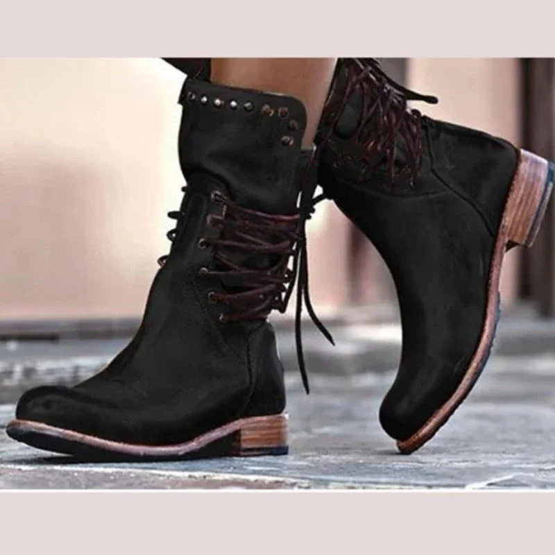 Women's Boots High Quality Shoes Lace Up Winter Round Toe Solid Low-heeled Short Barrel Large Size Mid Calf Strap Zip Subculture
