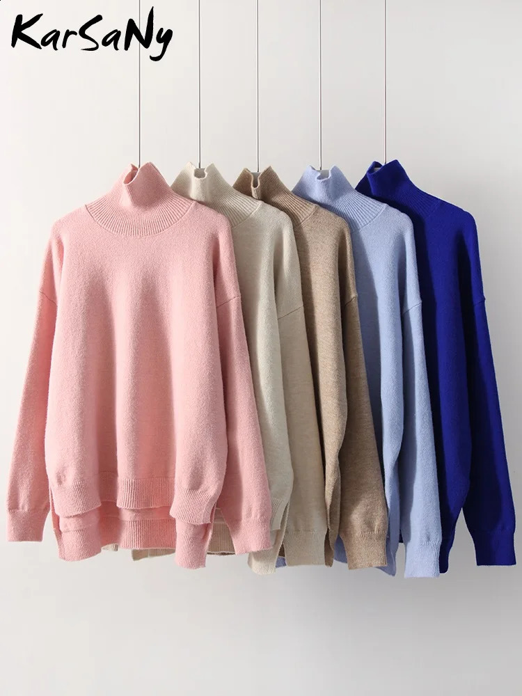 Warm Autumn Turtleneck Sweaters For Women Oversize Solid Pink Pullover Womens Sweater With Split Side Oversized Woman 240730