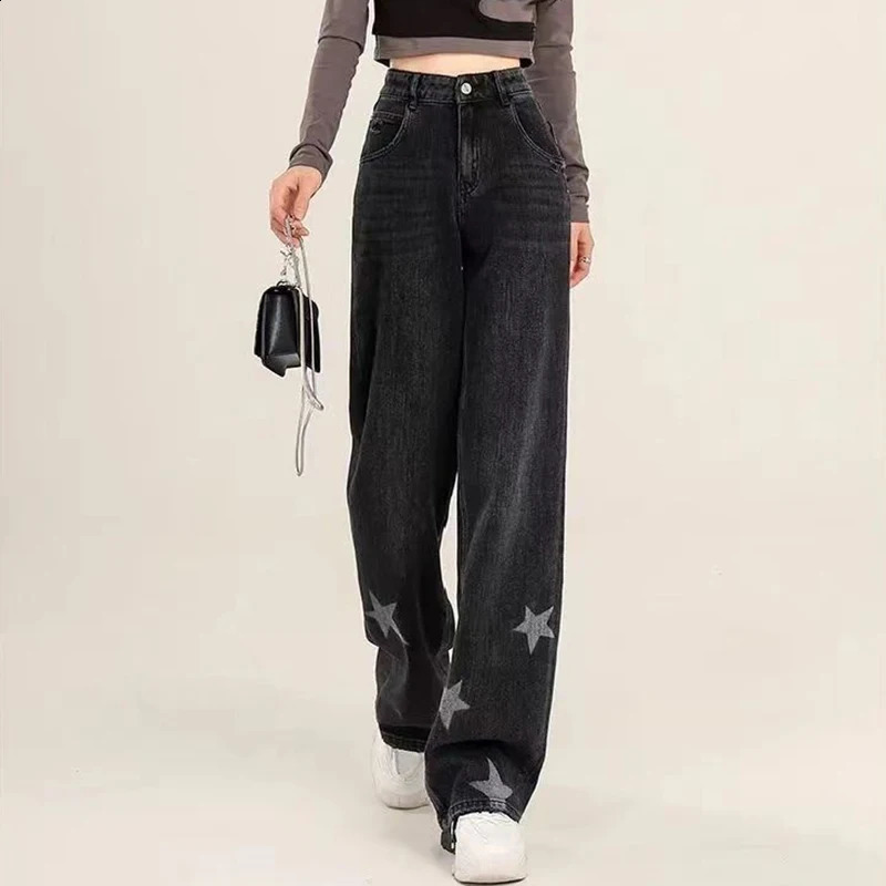 Fashion Style Vintage Star Decoration Jeans Girls High Street Y2k Denim Straight Leg Pants Lady Streetwear Punk Black Trousers 240806