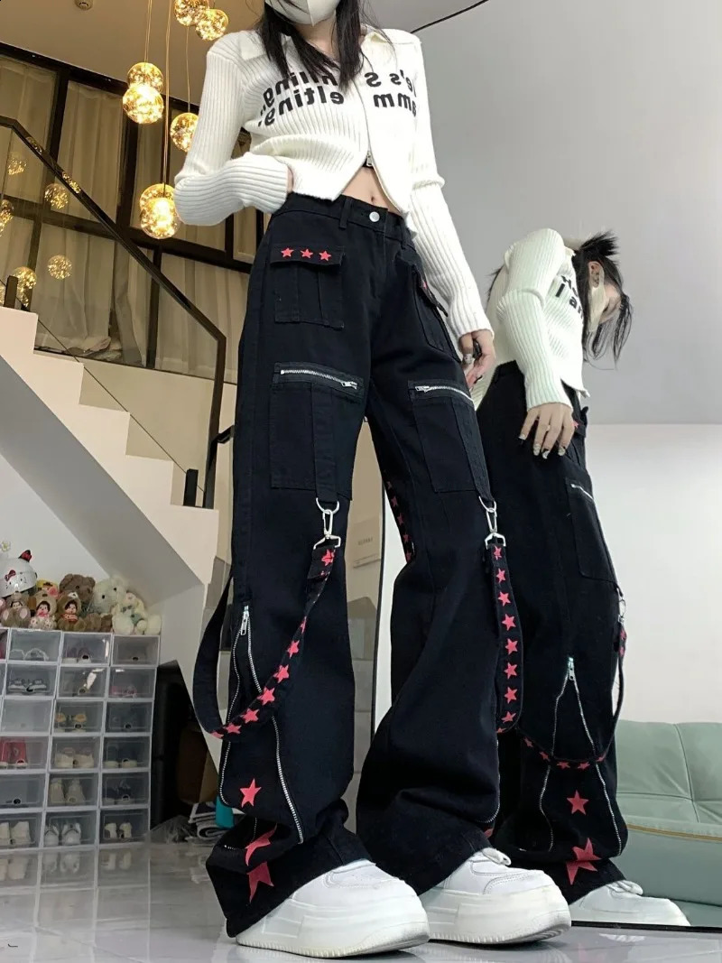 American Black Ribbon Patchwork Hiphop Contrast Color Star Pants Zipper High Waist Preppy Style Vintage Trousers Y2k Wide Leg 240806