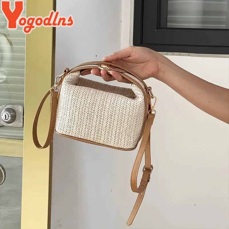 Yogodlns Summer Small Straw Handbag Trendy Shoulder Bag Woven Bucket Crossbody Casual Seaside Beach Gilrs Handle Tote 240824Z