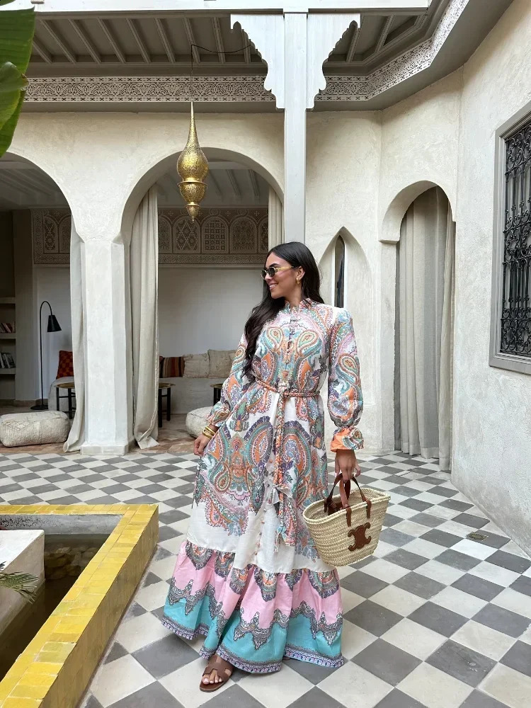 Elegant Print Buttons Patchwork Maxi Dress For Women Long Sleeves Lace Up Loose Robes 2024 Summer Chic High Street Vestidos240730