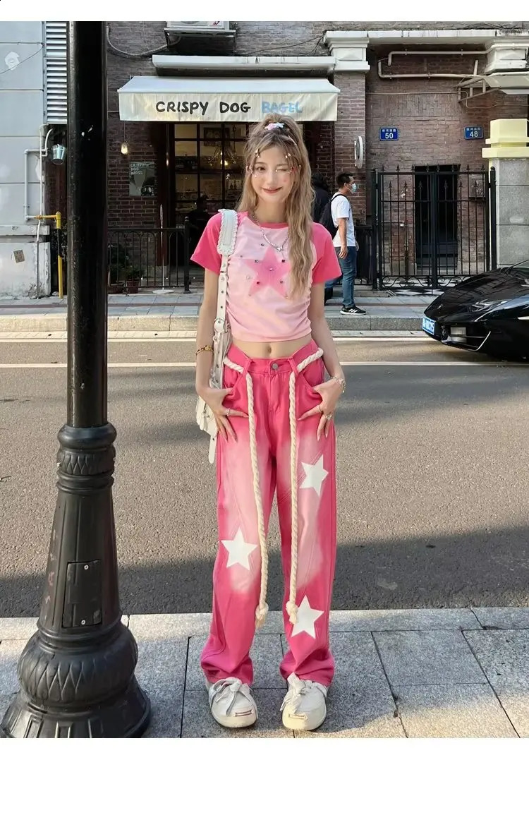 Pink Y2k Baggy Jeans Vintage Drawstring Women American Style Star Printing Womens Streetwear Denim Pants High Waist Trousers 240806