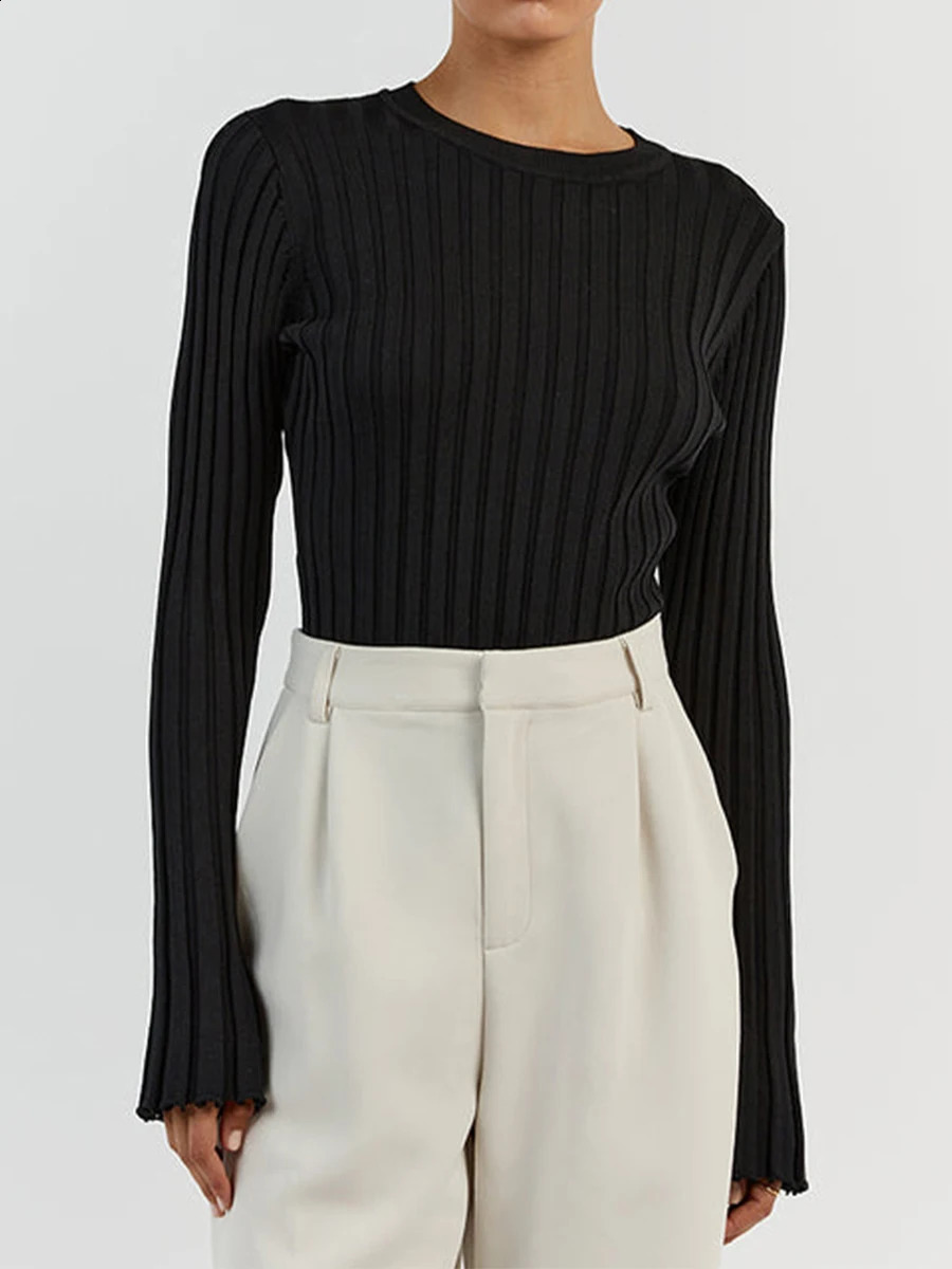 Women Soft Crewneck Short Sweaters Slim Fit Ribbed Fall Bell Sleeve Knit Elegant Laides Sweater Shirt Tops 240730