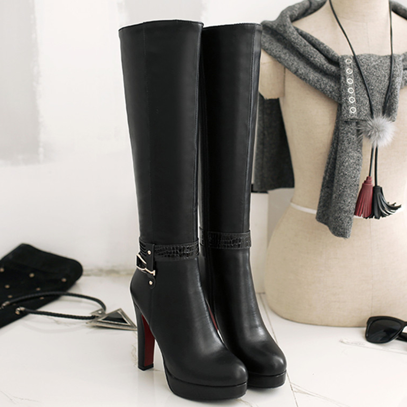Winter Women's Boots Platform Sexy Black White Heeled High Knee Boot Female Fashion Buckle Zipper Long Tall Shoes Ladies