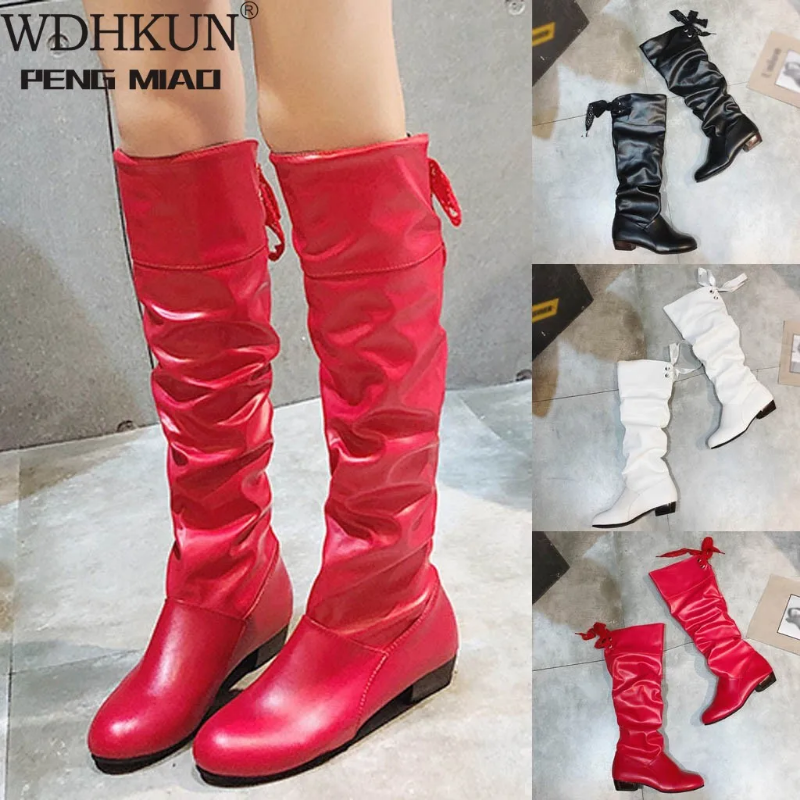 Spring Fashion Women Boots Botas Female Stretch PU Leather Shoes Woman Black Red White Roma Knee-Length 74f1