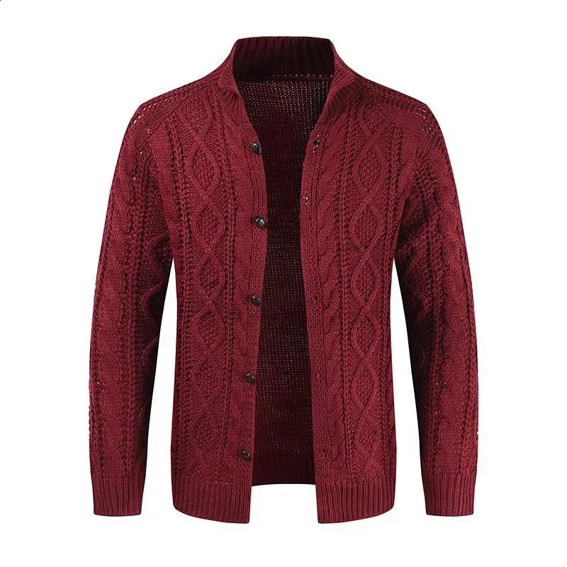 mens autumn and winter sweater long sleeved stand up collar twisted jacquard casual cardigan 240809