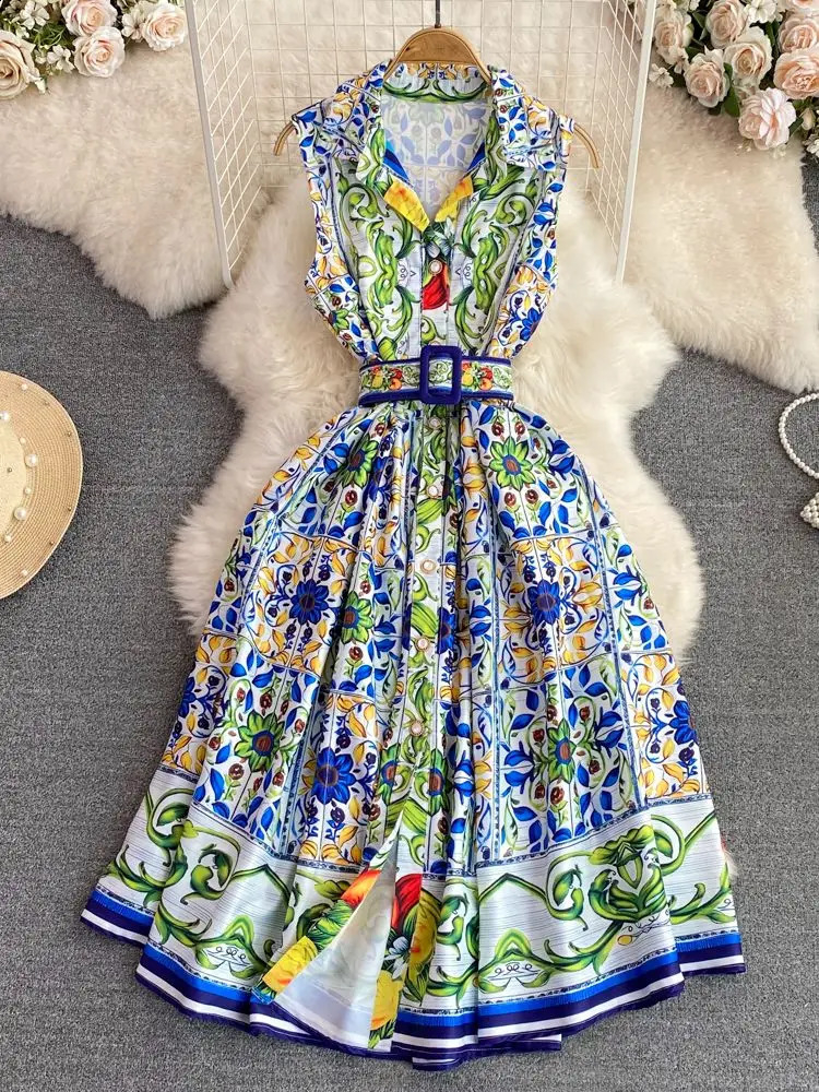 Summer Runway Sleeveless Turn Down Collar Single-Breasted A-Line Dress Women Printing Belt Party Beach Vestidos240730