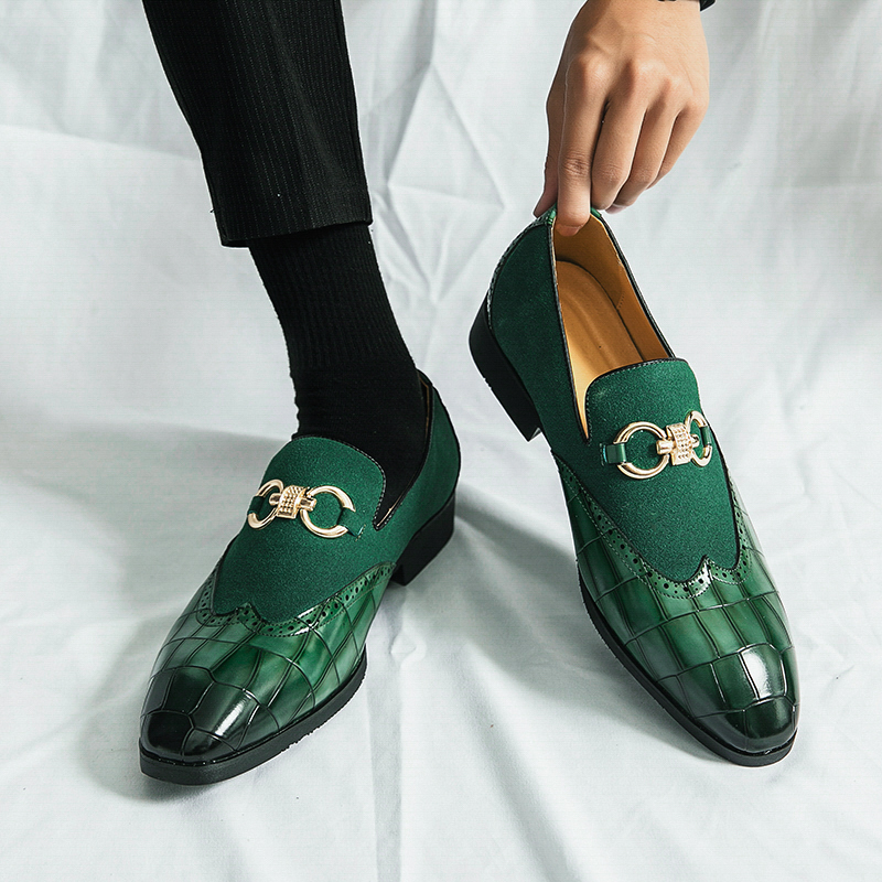 Autumn Green Loafers Men Slip-on Nubuck Leather Luxury Brand Thick Bottom Pointed Toe Fashion Designer Leather Shoes Men Casual