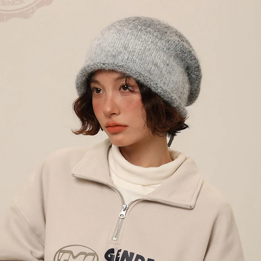 Chic Design Women Beanie Autumn Winter Gradient Drawstring Stacked Hat Female Face Small Knitted Cap Thermal Couple Skullcap 240729