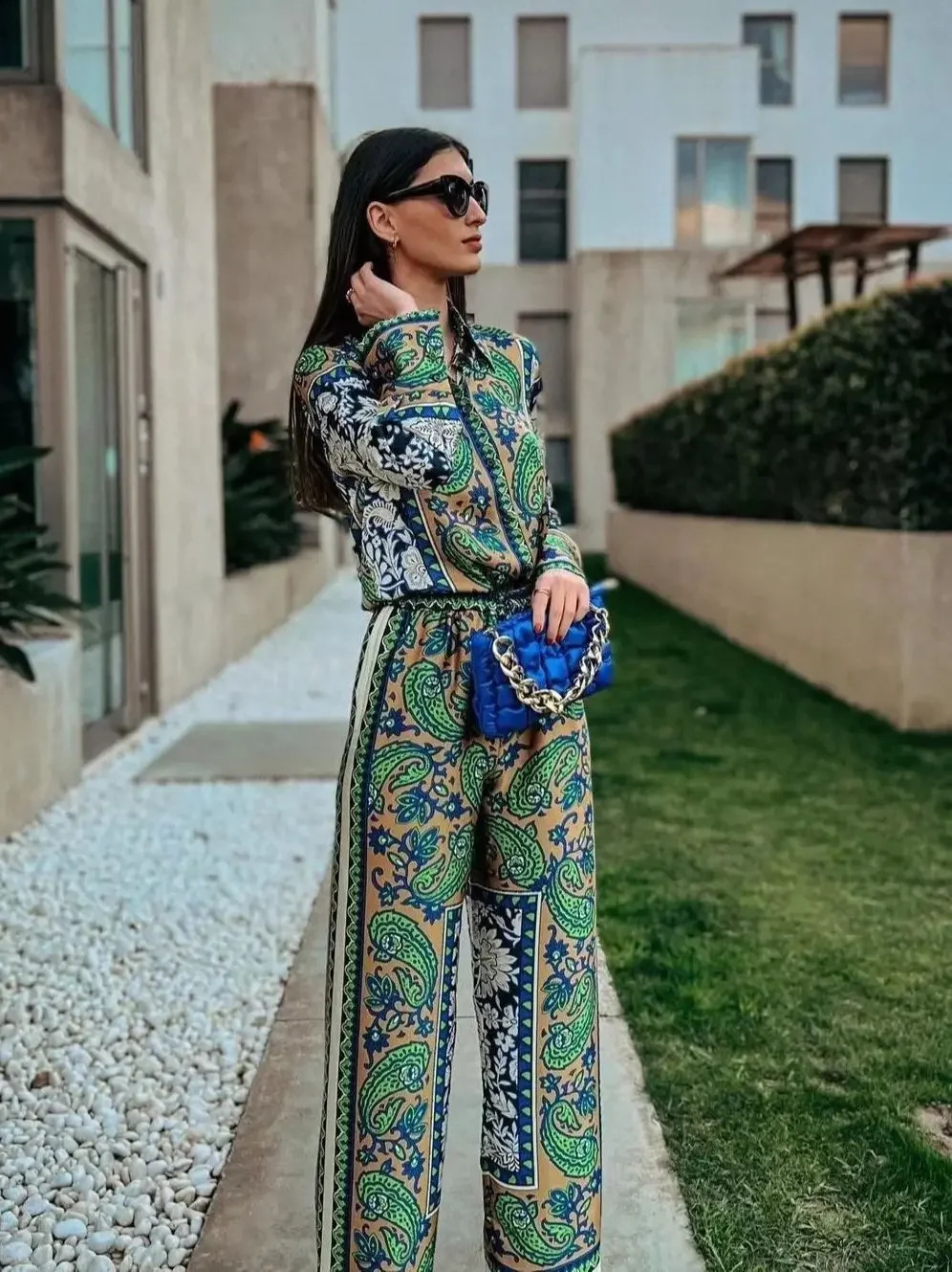 KONDALA Vintage Green Floral Women Suits Long Sleeve Single Button Loose Shirts Women and High Wasit Wide Leg Pants Boho Sets240730