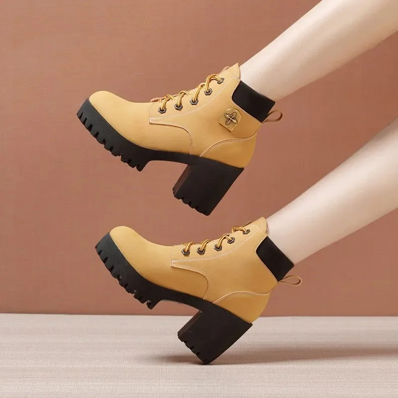 8cm 10cm Small Size 32-43 Thick Bottom Platform Shoes Genuine Leather Boots Winter 2024 Women's Block High Heels ANkle Boots
