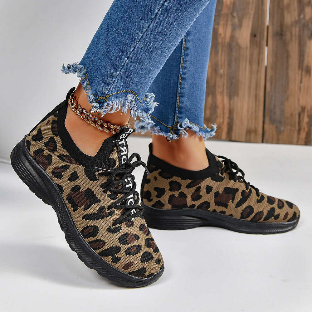 S Large Ddmysports Casual Leopard Print Lace Up Knitted Breathable Sports Shoes Running For Women Outdoor Shoes ports hoes hoes